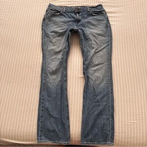 Y2k low rise flare jeans with pink stitch detail on back pocket